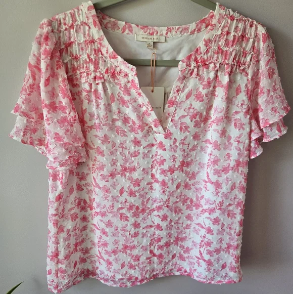 Skies Are Blue Pink Floral Swiss Dot Ruffle Sleeve Blouse - Size Small - Picture 1 of 7